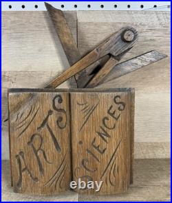 European Hand Carved Wooden Display Piece Arts Sciences Book Tools Folk Art