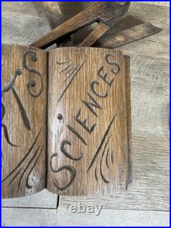 European Hand Carved Wooden Display Piece Arts Sciences Book Tools Folk Art