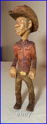 Exquisite signed hand carved wood Folk Art man cowboy sculpture statue figure