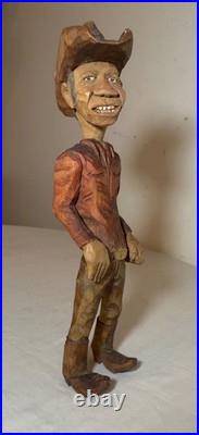 Exquisite signed hand carved wood Folk Art man cowboy sculpture statue figure