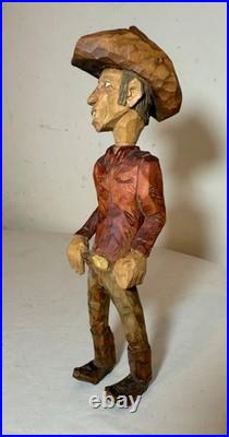 Exquisite signed hand carved wood Folk Art man cowboy sculpture statue figure