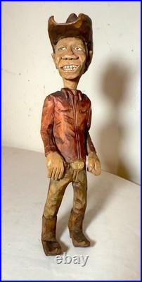 Exquisite signed hand carved wood Folk Art man cowboy sculpture statue figure