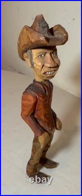 Exquisite signed hand carved wood Folk Art man cowboy sculpture statue figure