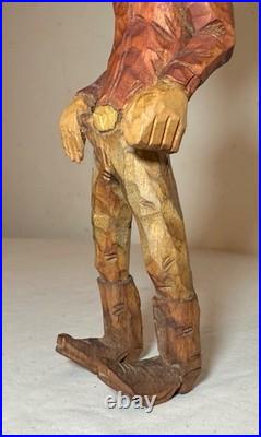 Exquisite signed hand carved wood Folk Art man cowboy sculpture statue figure