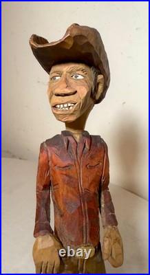 Exquisite signed hand carved wood Folk Art man cowboy sculpture statue figure