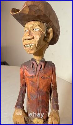 Exquisite signed hand carved wood Folk Art man cowboy sculpture statue figure