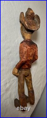 Exquisite signed hand carved wood Folk Art man cowboy sculpture statue figure