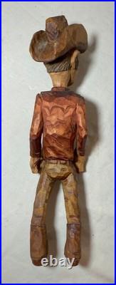 Exquisite signed hand carved wood Folk Art man cowboy sculpture statue figure