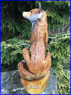 FOX Chainsaw Carving CHERRY WOOD Sculpture Dog Carvings Log Home Decor UNIQUE