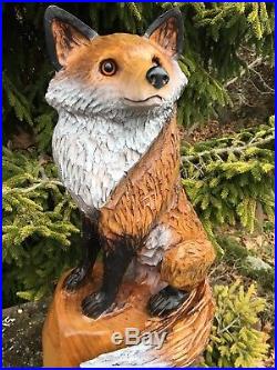 FOX Chainsaw Carving CHERRY WOOD Sculpture Dog Carvings Log Home Decor UNIQUE