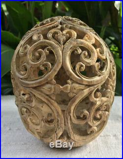 Filigree Hand Carved Copper Sculpture Wood Human Skull Realistic flexible Jaws
