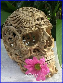 Filigree Hand Carved Copper Sculpture Wood Human Skull Realistic flexible Jaws
