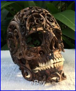 Filigree Hand Carved Sculpture Wood Human Skull Realistic flexible Jaws Deco