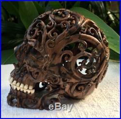 Filigree Hand Carved Sculpture Wood Human Skull Realistic flexible Jaws Deco