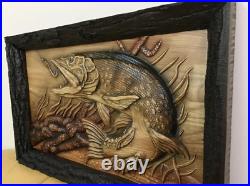 Fish Fishing Pike Large Wood Carving Picture 3D ArtWork Gift Panno Wall Decor