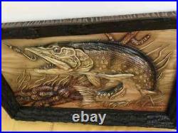Fish Fishing Pike Large Wood Carving Picture 3D ArtWork Gift Panno Wall Decor