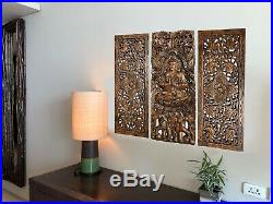 Floral Motif with Buddha Wall Art Panel. Large Carved Wood Decor Panels. Set of 3