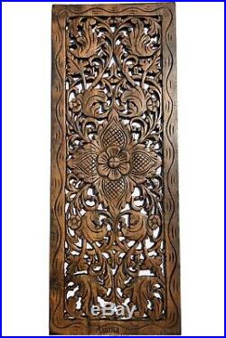 Floral Motif with Buddha Wall Art Panel. Large Carved Wood Decor Panels. Set of 3