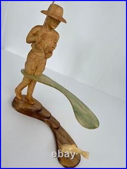 Fly Fishing Woman Sculpture in Basswood with Birch Base