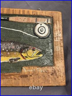 Folk Art Carved Painted Wooden Brown Trout signed & dated