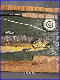 Folk Art Carved Painted Wooden Brown Trout signed & dated