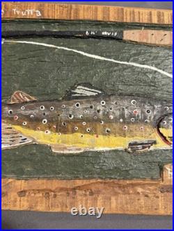 Folk Art Carved Painted Wooden Brown Trout signed & dated