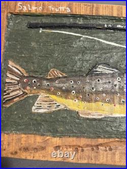 Folk Art Carved Painted Wooden Brown Trout signed & dated