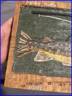 Folk Art Carved Painted Wooden Brown Trout signed & dated