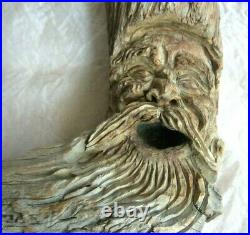 Folk Art Hand Carved Drift Wood Tree Branch Old Man Face Head Windy Beard Signed