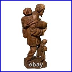 Folk Art Hand Carved Wood Sculpture Of Peddler And His Son LARGE and HEAVY