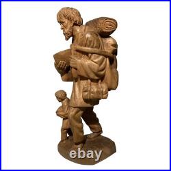 Folk Art Hand Carved Wood Sculpture Of Peddler And His Son LARGE and HEAVY