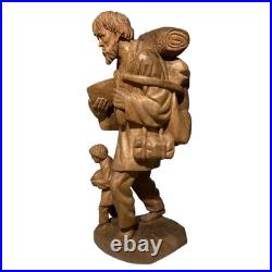 Folk Art Hand Carved Wood Sculpture Of Peddler And His Son LARGE and HEAVY