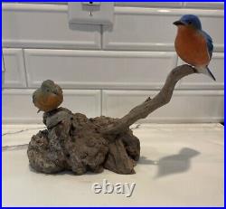 Folk Artist PHILLIP E. BROWN NORTH CAROLINA CARVED PAINTED Blue Birds Driftwood