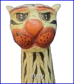 Folkloric Style Tall Hand Carved Standing Wooden Tiger Art Decor 40 In. Tall