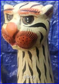 Folkloric Style Tall Hand Carved Standing Wooden Tiger Art Decor 40 In. Tall