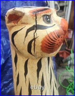 Folkloric Style Tall Hand Carved Standing Wooden Tiger Art Decor 40 In. Tall