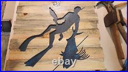 Free Diver Spear Fishing Roosterfish Wood Carving In Blue Pine 25 X 25 BIG