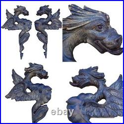 French Antique Pair Large Hand Carved Griffin Chimera Dragon Pediments Sculpture