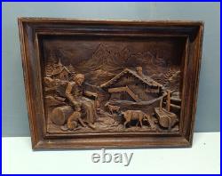 French Hand-Carved Wooden Relief Wall Art Alpine Village Scene MORAND Signed