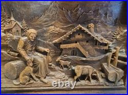 French Hand-Carved Wooden Relief Wall Art Alpine Village Scene MORAND Signed