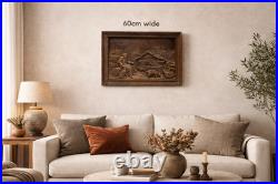 French Hand-Carved Wooden Relief Wall Art Alpine Village Scene MORAND Signed