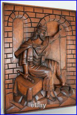 French Large Thick Middle Ages Gothic Carved Wood Wall Panel King Sculpture