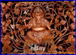 Ganapati Ganesha Panel Wall art Sculpture Elephant God hand carved wood Bali Art