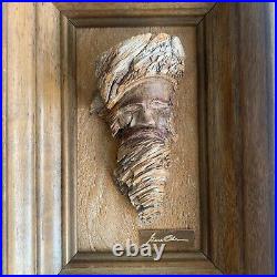 Gene Olson Drift Wood Carving Man's Face Carved Framed Art Sculpture Arab Signed