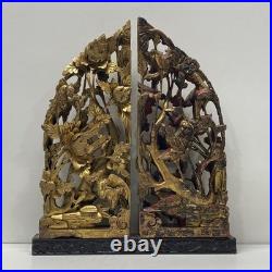 Giltwood Carved Panels. 22 inch Tall Floral & Phoenix Relief -Wood Sculpture