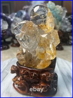 Golden Healer Fish Carving with custom wood stand