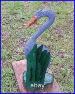 Grey Heron Green Flora Chainsaw Carving Sculpture Statue Art Decor Cypress Wood