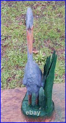 Grey Heron Green Flora Chainsaw Carving Sculpture Statue Art Decor Cypress Wood