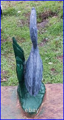 Grey Heron Green Flora Chainsaw Carving Sculpture Statue Art Decor Cypress Wood