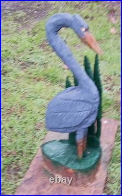 Grey Heron Green Flora Chainsaw Carving Sculpture Statue Art Decor Cypress Wood